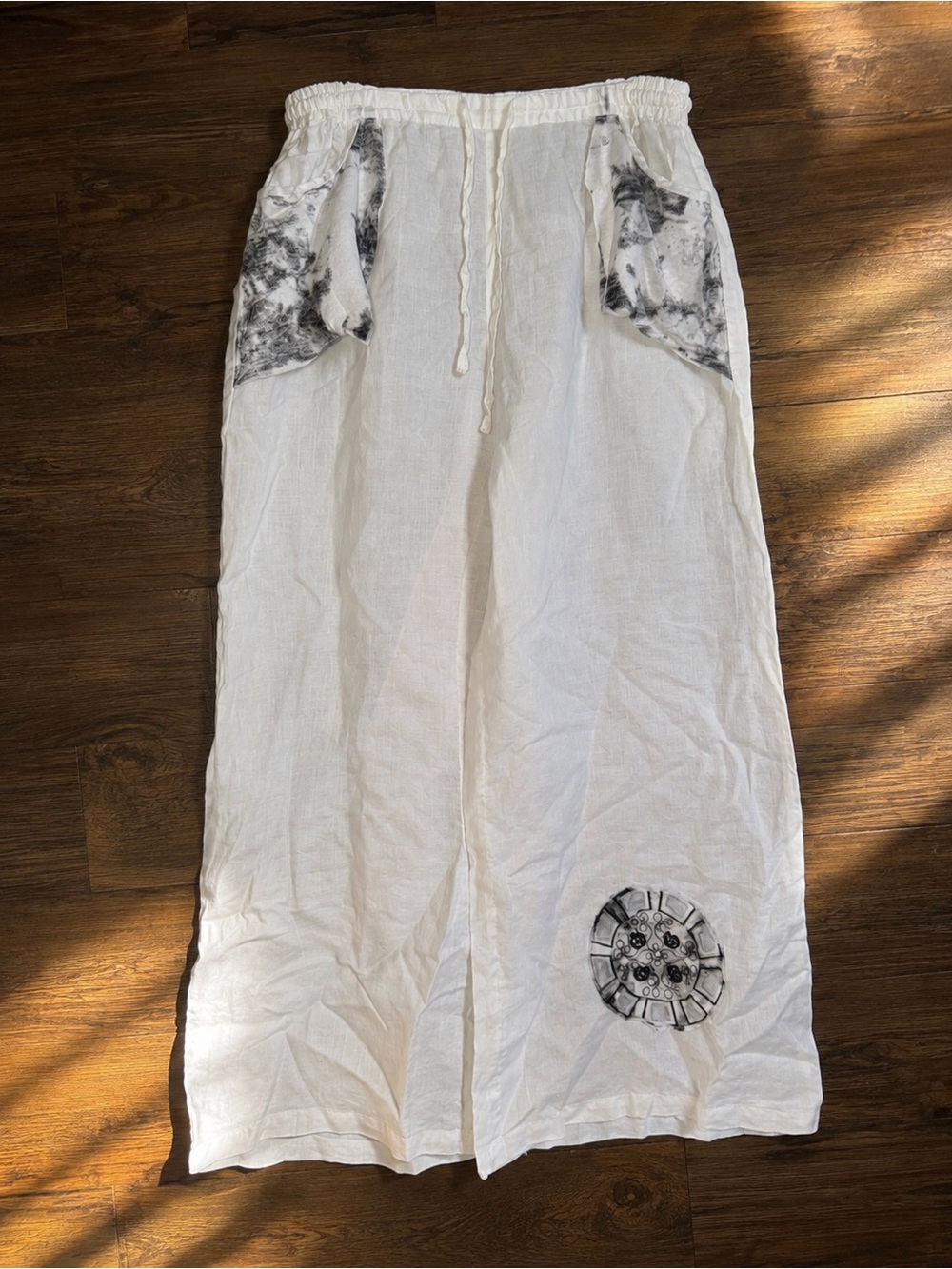 Women’s White Linen Wide Leg Pants with Black Details Sz XL